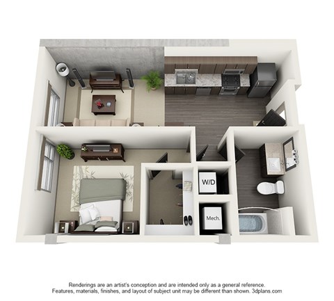 Floor plan for 1 bed, 1 bath, 822 sqft